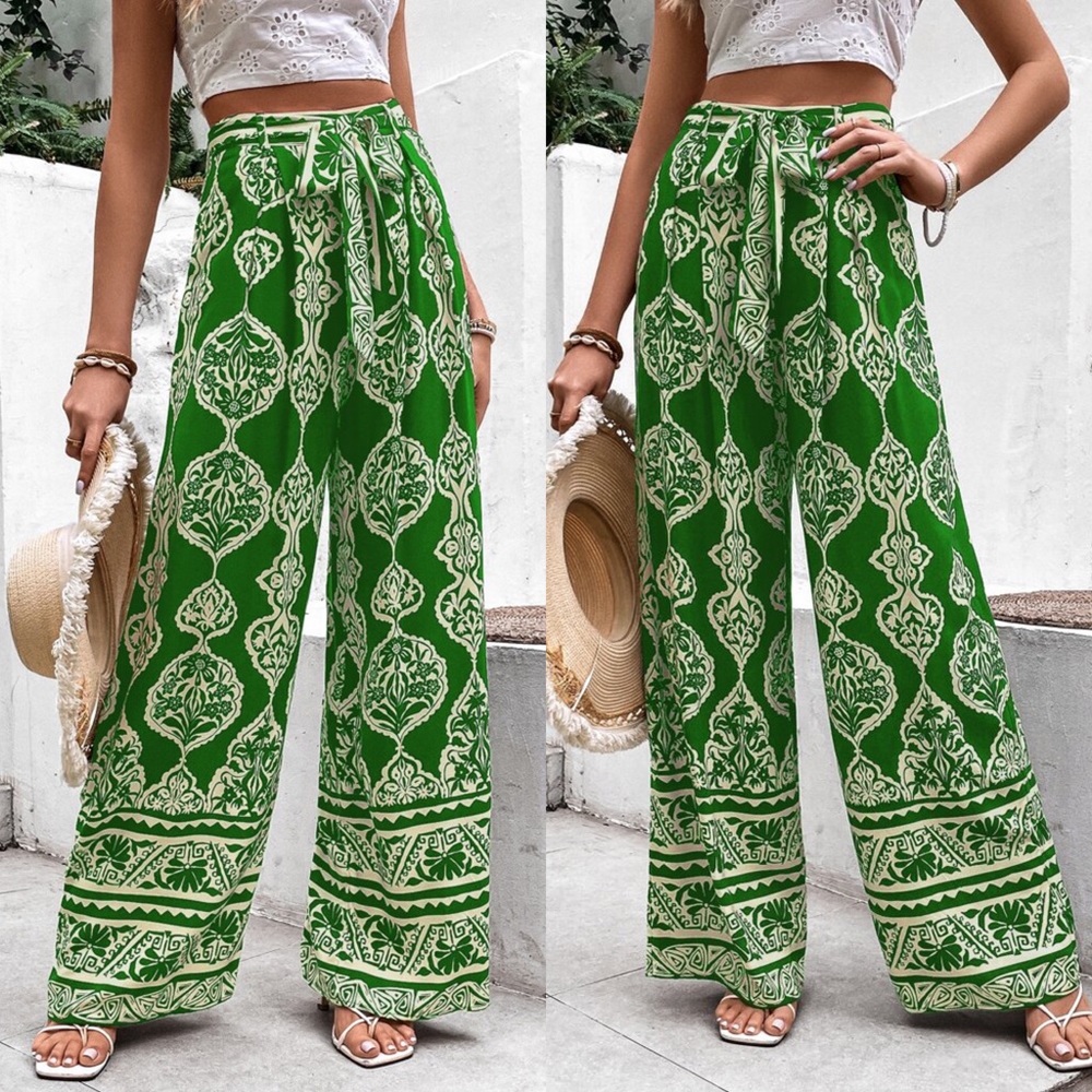 🌿 BOHO TALL GREEN HIGH WAIST WIDE LEG BELTED PANTS!